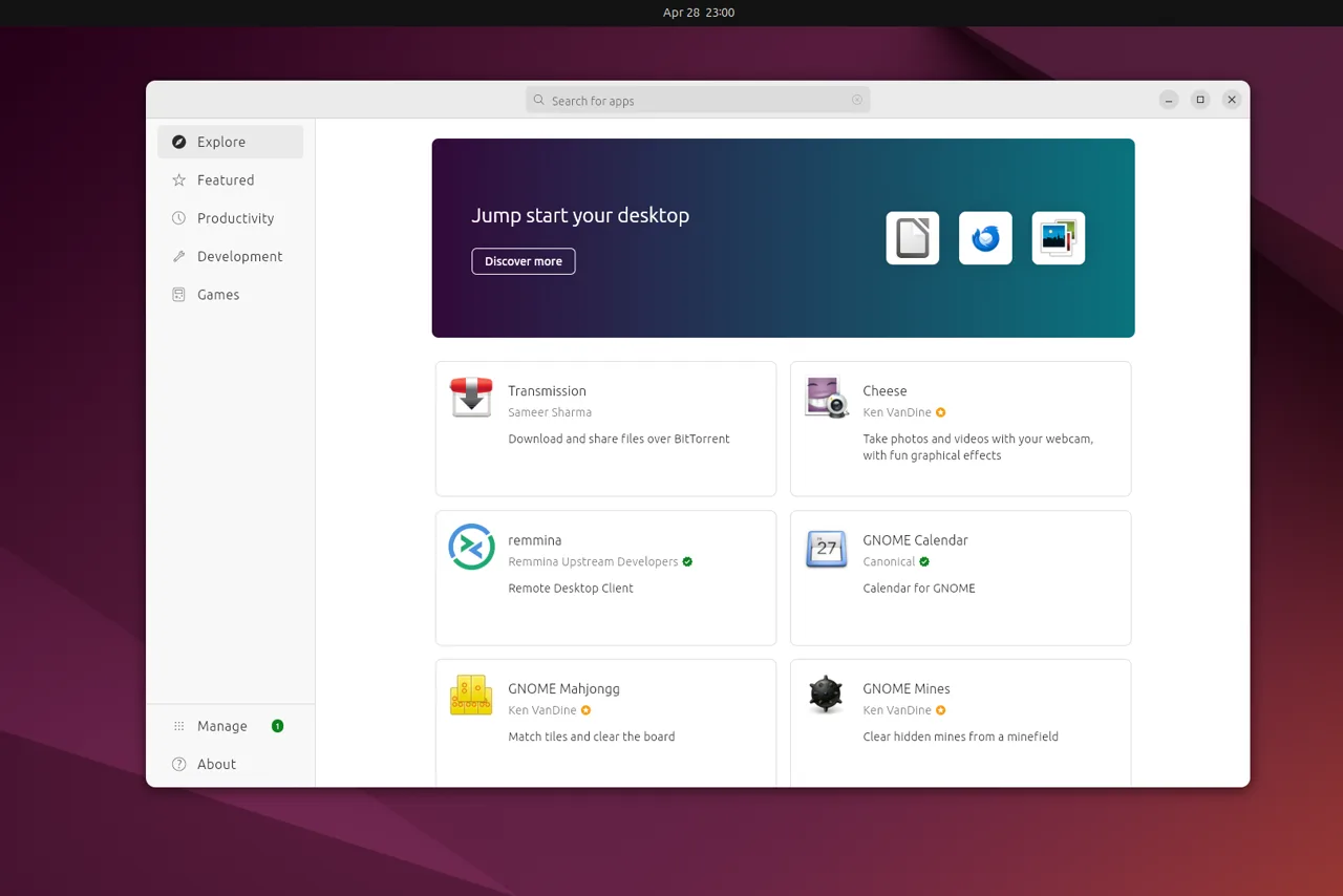 Capture d'écran d'Ubuntu 24.04 LTS montrant la logithèque Ubuntu App Center, qui distribue les applications au format snap (illustration : ce n'est pas Ubuntu Core Desktop)