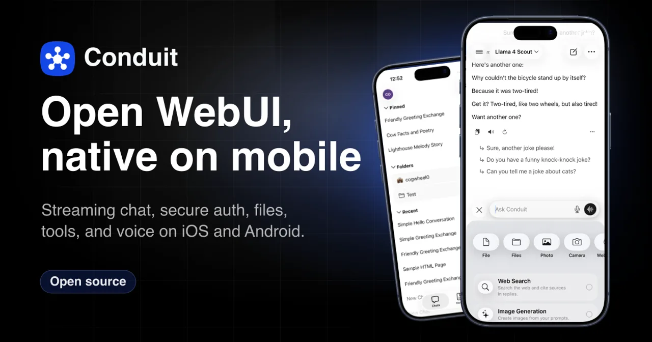 Application Conduit affichée sur deux smartphones, avec le logo et le texte « Open WebUI, native on mobile »