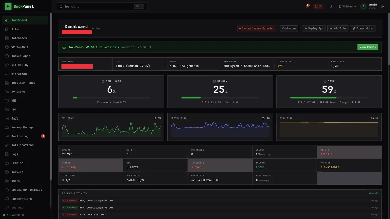 Capture d'écran du tableau de bord officiel de DockPanel, avec la liste des serveurs gérés et leurs métriques système