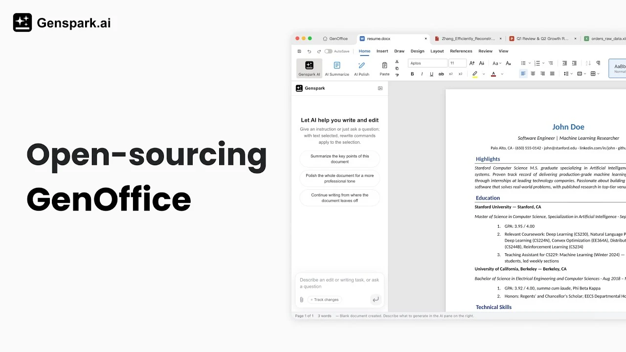 Capture d'écran officielle de GenOffice Docs, avec le panneau d'édition par IA Genspark ouvert à côté d'un document Word