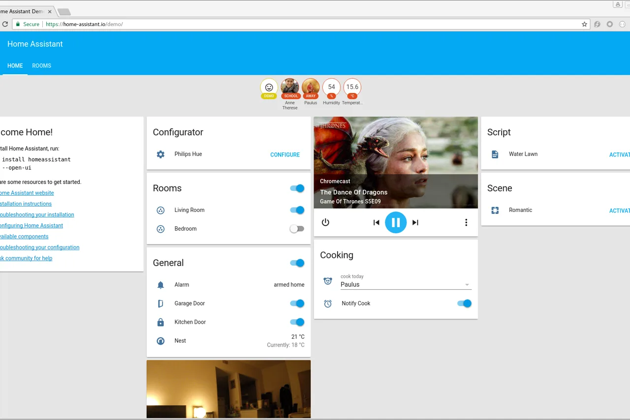 Capture d'écran de l'interface web de Home Assistant, logiciel libre de domotique, dans sa version de 2017