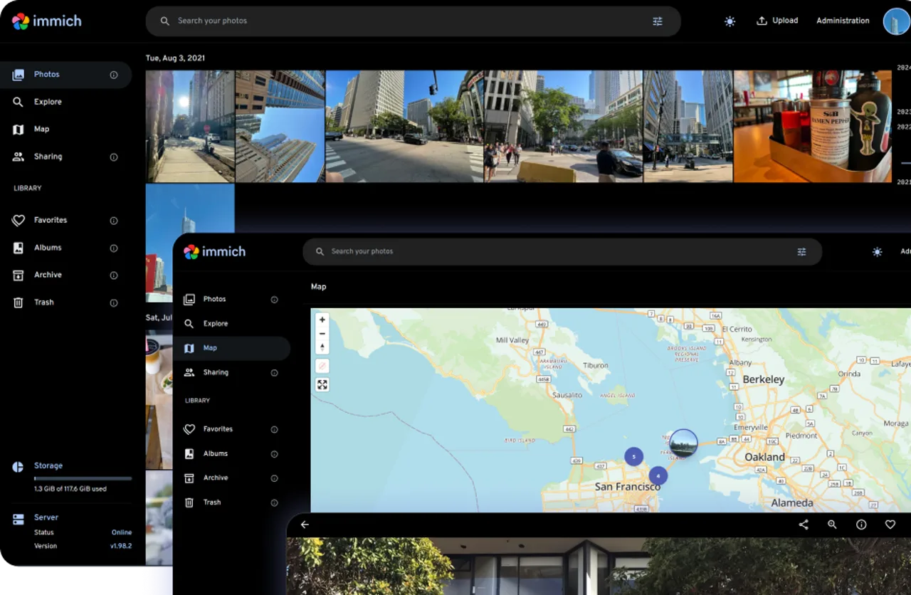 Interface web d'Immich, avec la galerie photo et la vue carte de géolocalisation