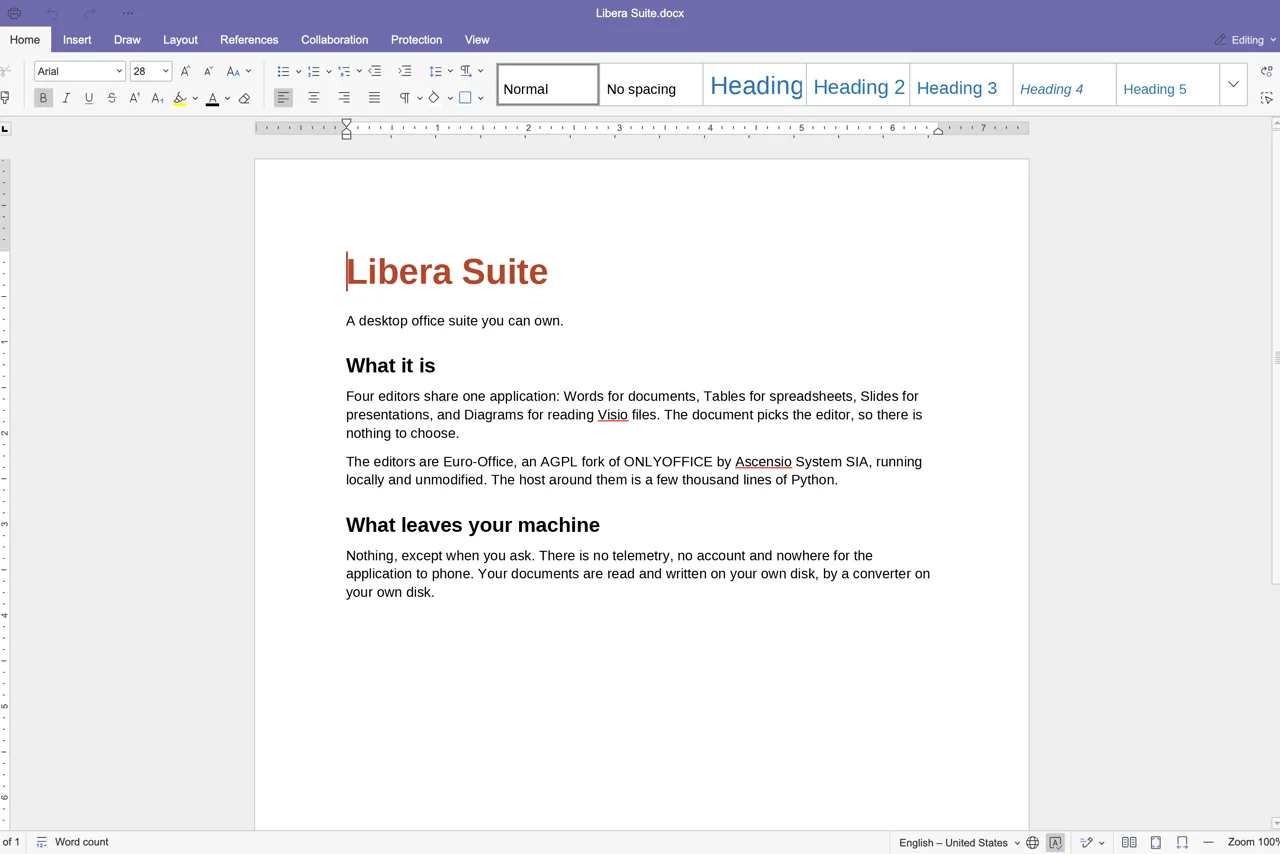 Capture d'écran de Libera Words, le traitement de texte de Libera Suite, avec un document ouvert sous la barre d'outils violette