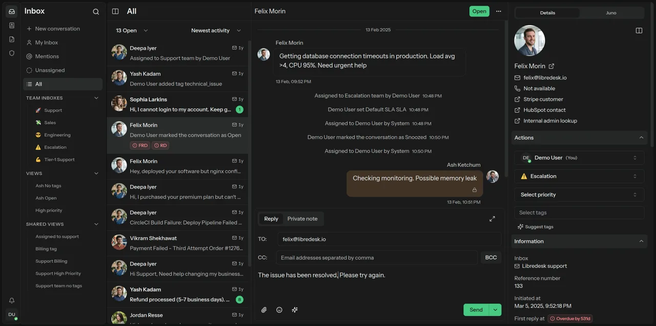 Interface de Libredesk affichant une conversation de support client dans une boîte de réception unifiée