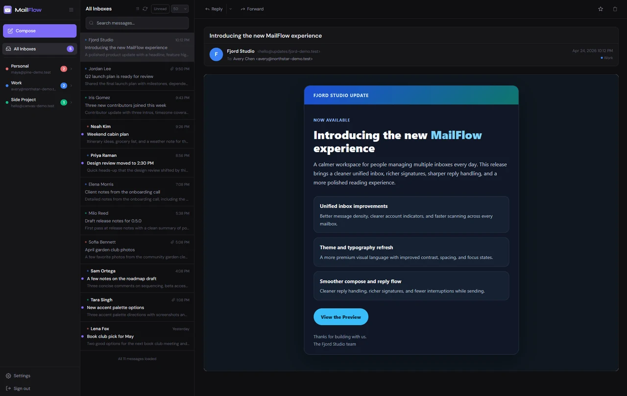 Interface de MailFlow en thème sombre affichant la boîte de réception unifiée avec plusieurs comptes et un e-mail ouvert