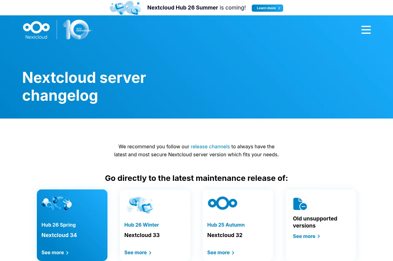 Page officielle du changelog Nextcloud annonçant l'arrivée de Hub 26 Summer, avec le calendrier des versions Hub 26 Spring, Hub 26 Winter et Hub 25 Autumn