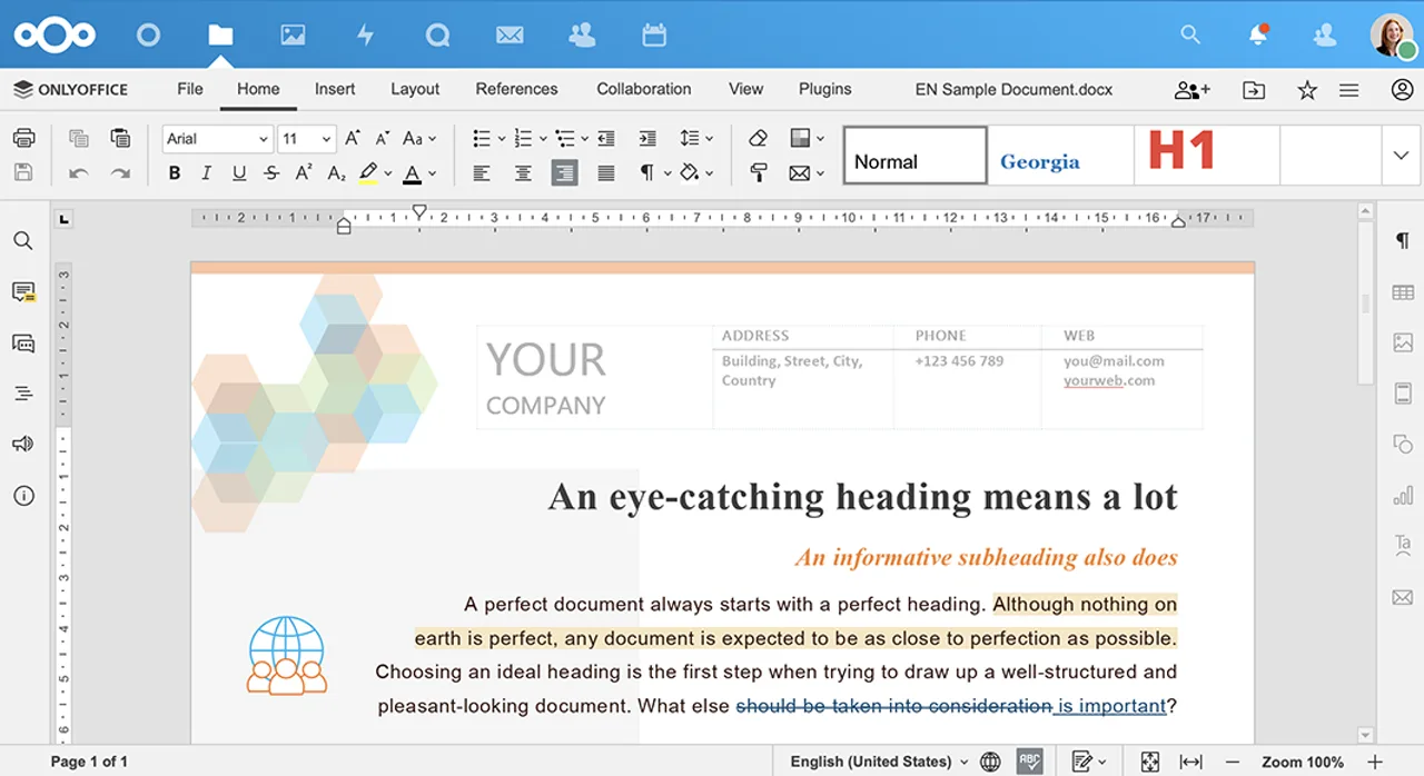 Document Word ouvert dans l'éditeur ONLYOFFICE intégré à l'interface Nextcloud