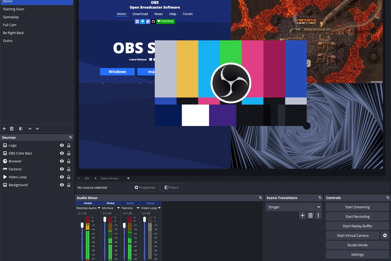 Capture d'écran de l'interface d'OBS Studio, présentée sur le site officiel du projet