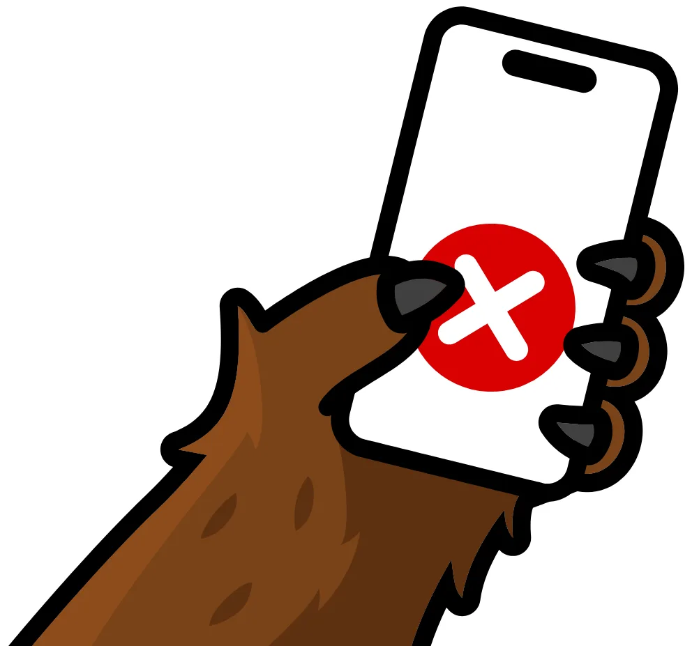 Illustration officielle de Saracroche : une patte griffue et poilue tient un smartphone dont l'écran est barré d'une grande croix rouge