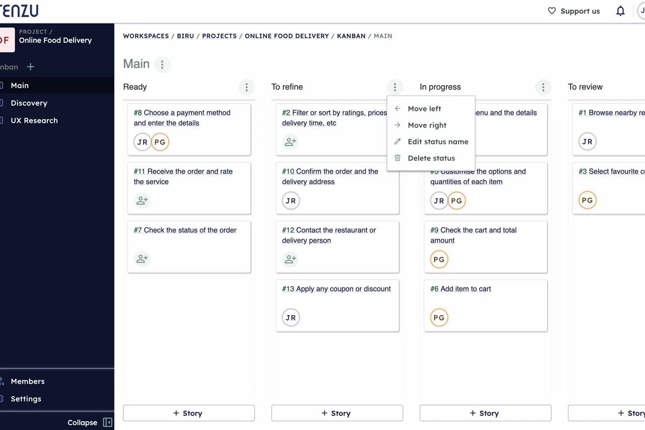 Capture d'écran officielle de Tenzu : un tableau Kanban et ses colonnes de cartes