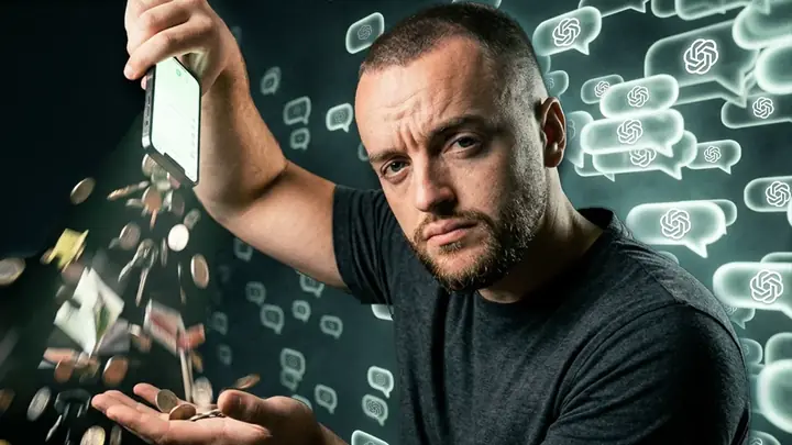 Miniature de la vidéo : Tanguy Smykla laisse tomber des pièces de monnaie d’un smartphone, devant des bulles de discussion ChatGPT