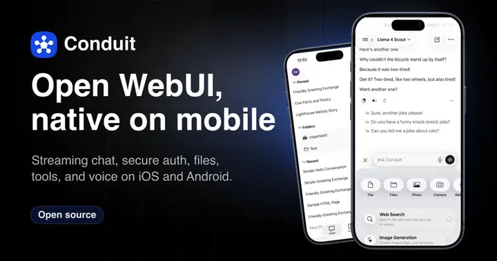 Application Conduit affichée sur deux smartphones, avec le logo et le texte « Open WebUI, native on mobile »