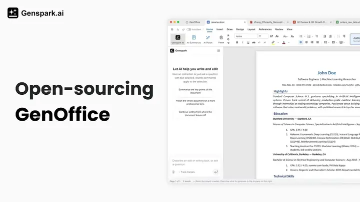Capture d'écran officielle de GenOffice Docs, avec le panneau d'édition par IA Genspark ouvert à côté d'un document Word