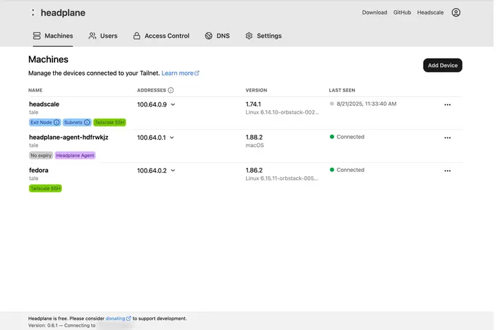 Capture d'écran officielle de l'interface web de Headplane, tableau de bord d'administration de Headscale