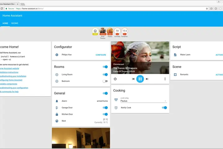 Capture d'écran de l'interface web de Home Assistant, logiciel libre de domotique, dans sa version de 2017