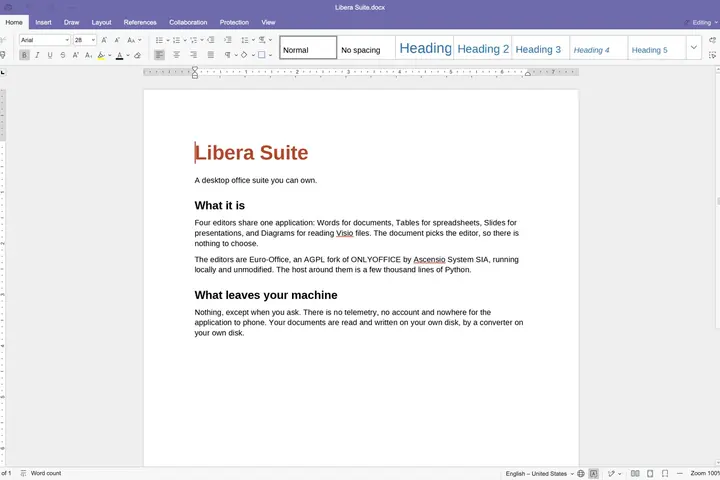 Capture d'écran de Libera Words, le traitement de texte de Libera Suite, avec un document ouvert sous la barre d'outils violette