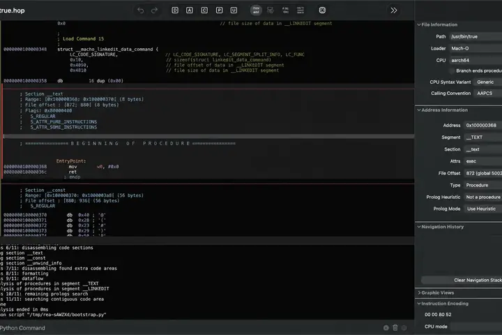 Capture d'écran de REA lançant son pont d'analyse dans le décompilateur Hopper pendant l'inspection d'un programme compilé