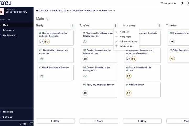 Capture d'écran officielle de Tenzu : un tableau Kanban et ses colonnes de cartes