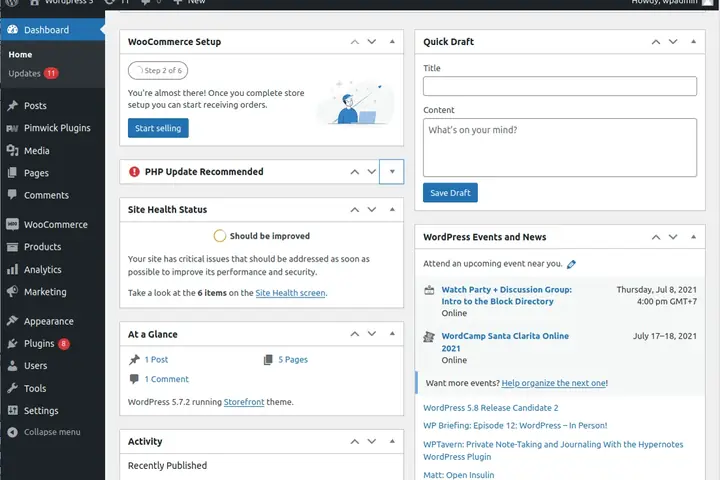 Capture d'écran du tableau de bord d'administration de WordPress 5.7