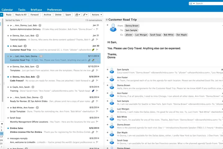 Capture d'écran de la boîte de réception du client web de Zimbra Collaboration, avec la liste des messages et le volet de lecture