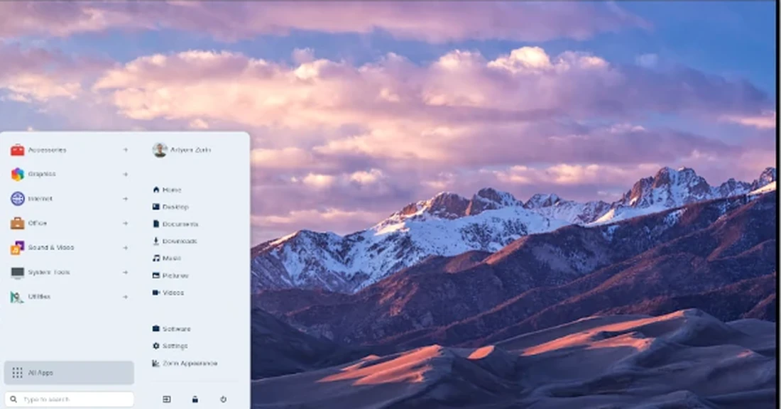 Capture d'écran officielle de Zorin OS, menu Démarrer ouvert dans la mise en page Windows-like incluse dans l'édition Core gratuite